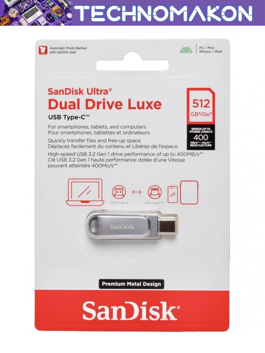 Usb flash hotira Sandisk Ultra 64/128/256/512GB Dual Drive Luxe, USB 3.2+Type C OTG