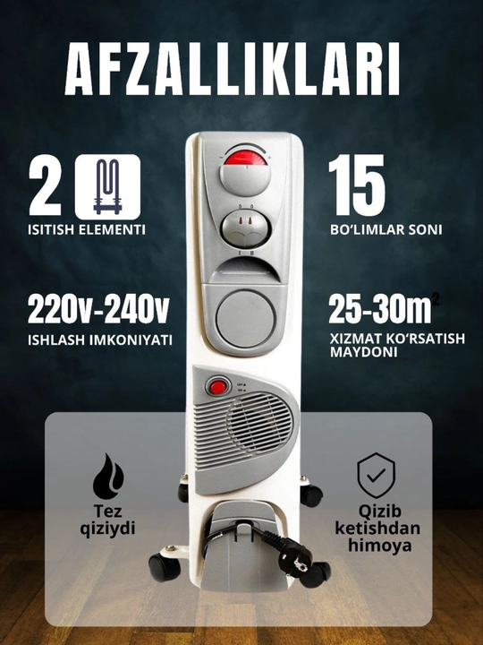 Moyli isitgich 7, 9, 11, 12, 13, 15 qovurg‘alar termostatli zanglamaydigan po‘lat + quritgich