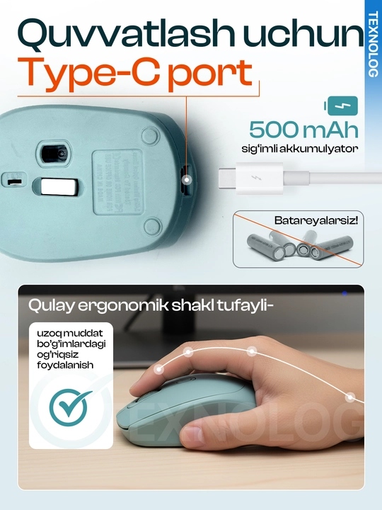 Barcha qurilmalar uchun ergonomik Bluetooth/2.4Ghz simsiz sichqoncha, qayta quvvatlanadi