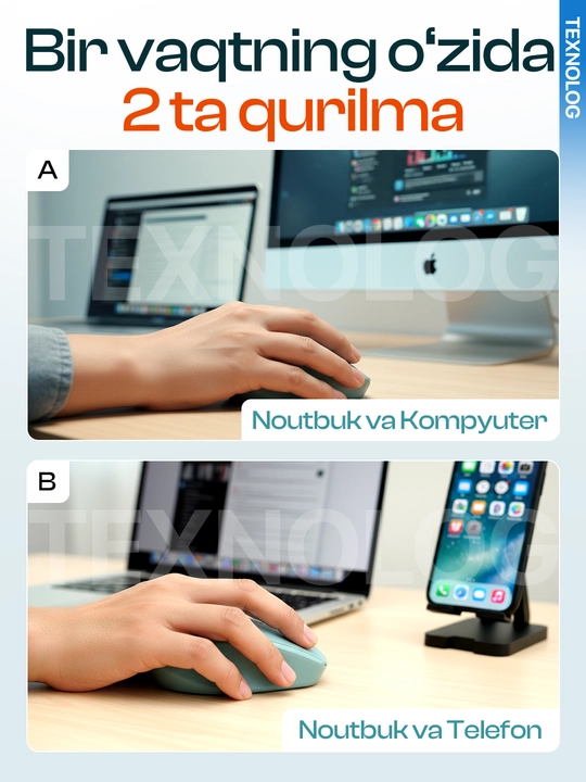 Barcha qurilmalar uchun ergonomik Bluetooth/2.4Ghz simsiz sichqoncha, qayta quvvatlanadi