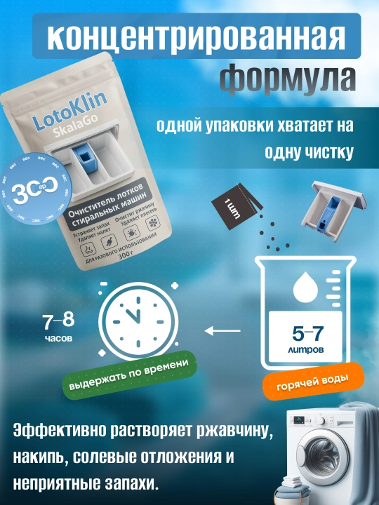 LotoKlin очиститель для лотков стиральных машин, средство для очистки накипи и налета