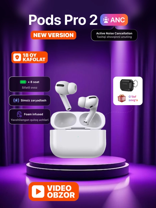 Pods pro 2 iPhone va Android uchun simsiz quloqchinlari, ANC, sovg‘a g‘ilofi