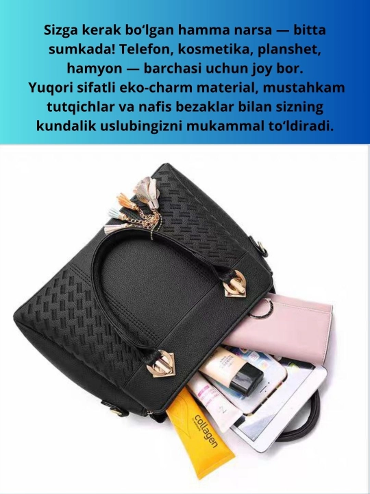 Ayollar uchun charm sumka, klassik ko‘rinishidagi