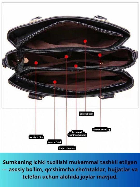 Ayollar uchun charm sumka, klassik ko‘rinishidagi