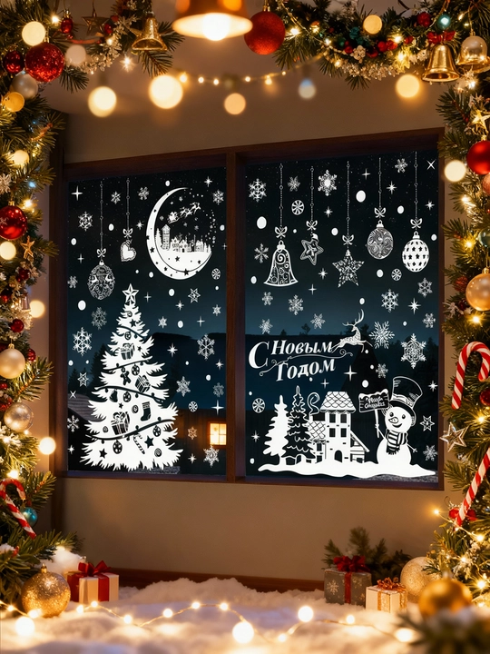 Yangi yil uchun derazaga statik ikki tomonlama nakleykalar to‘plami Ded Moroz, qor parcha