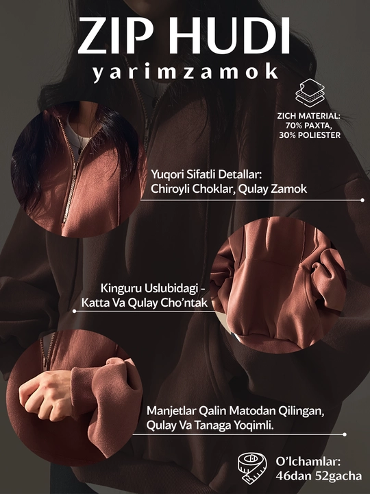 Ayollar uchun oversize hudi po'lu zamokli kapshonli katta o‘lcham 70% paxta, 30% poliester