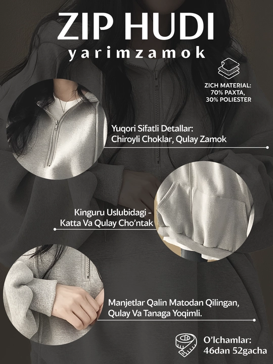 Ayollar uchun oversize hudi po'lu zamokli kapshonli katta o‘lcham 70% paxta, 30% poliester