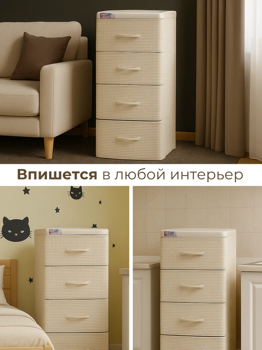 Комод пластиковый, 4 ящика, плетёная фактура, ротанг стиль, хранения одежды и аксессуаров