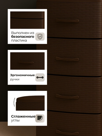 Комод пластиковый, 4 ящика, плетёная фактура, ротанг стиль, хранения одежды и аксессуаров — JHOME-КОМОД-КОРИЧН