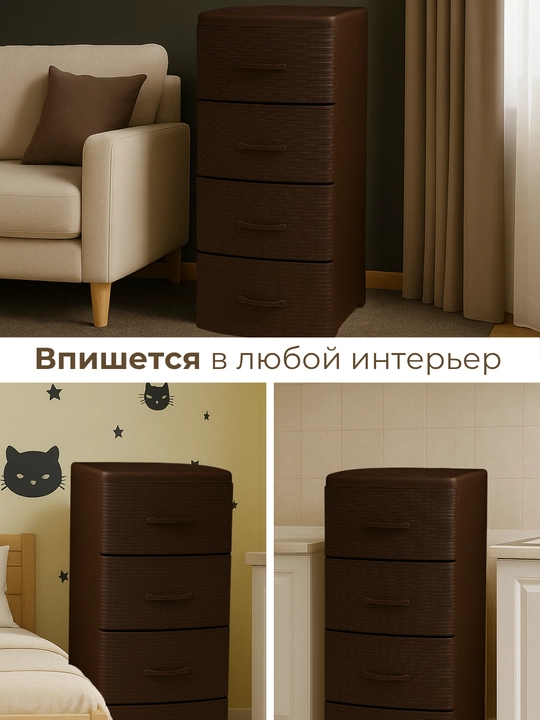 Комод пластиковый, 4 ящика, плетёная фактура, ротанг стиль, хранения одежды и аксессуаров