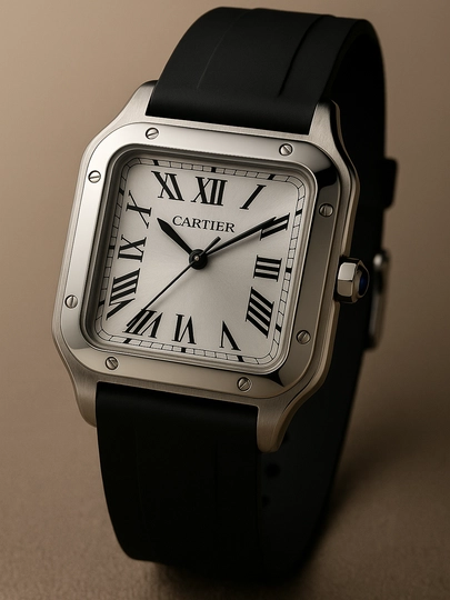 Мужские классические часы, в стиле Cartier – квадратный корпус, чёрный ремешок — VINTAG1-35W0067-БЕЛЫЙ