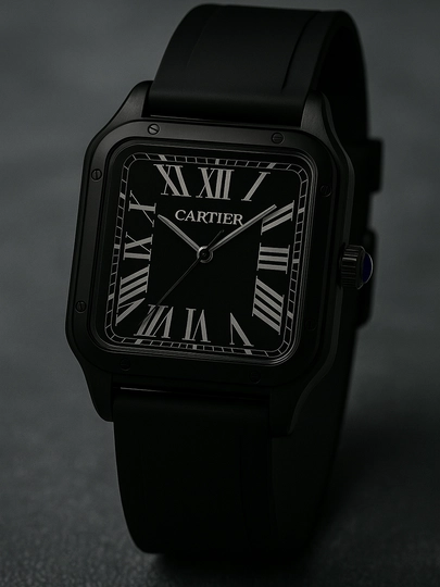 Мужские классические часы, в стиле Cartier – квадратный корпус, чёрный ремешок — VINTAG1-35W0067-УГОЛЬН