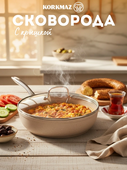 Сковорода с крышкой АП KORKMAZ GRANITA, 2 л, 2,5 л, 3 л, 24×5 см, 26×5,5 см, 28×5,5 см - 