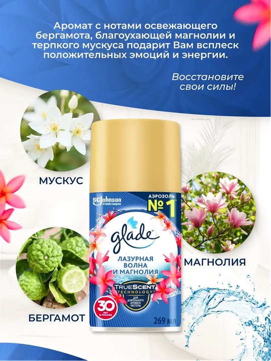 GLADE Aut Освежитель воздуха см/б, Лазурная волна и магнолия, 269 мл