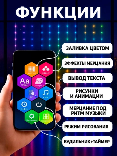 Aqlli gulchambar parda pardasi, animatsiya bilan, Bluetooth bilan,o'lchamlari 2×2m va 3×3 m