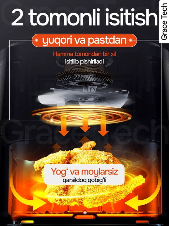 Elektr Uakeen aerogril, 10 ta 1 da, yog‘siz pishirish uchun qovurgich, 10 litr, 8 litr