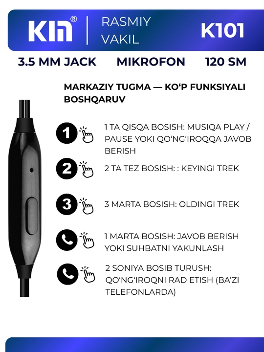 Simli quloqchin KIN K801 3.5mm 10mm 32 Ohm mikrofon bilan stereo naushnik