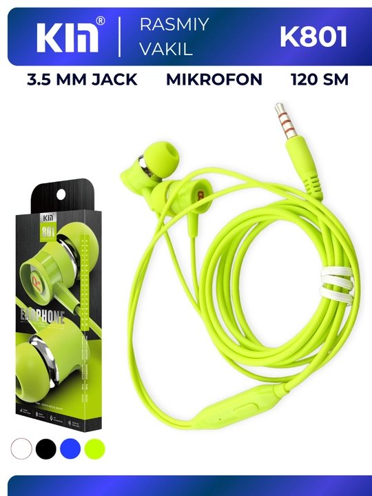 Simli quloqchin KIN K801 3.5mm 10mm 32 Ohm mikrofon bilan stereo naushnik