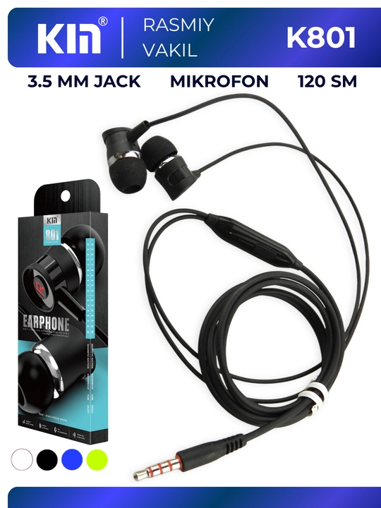 Simli quloqchin KIN K801 3.5mm 10mm 32 Ohm mikrofon bilan stereo naushnik