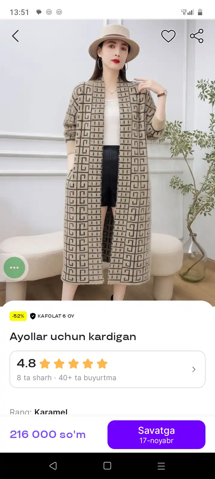 O‘rta qalinlikdagi ayollar sviteri, kuz, qish va bahor fasllariga mos keladi, o‘lchamlari 44, 46, 48