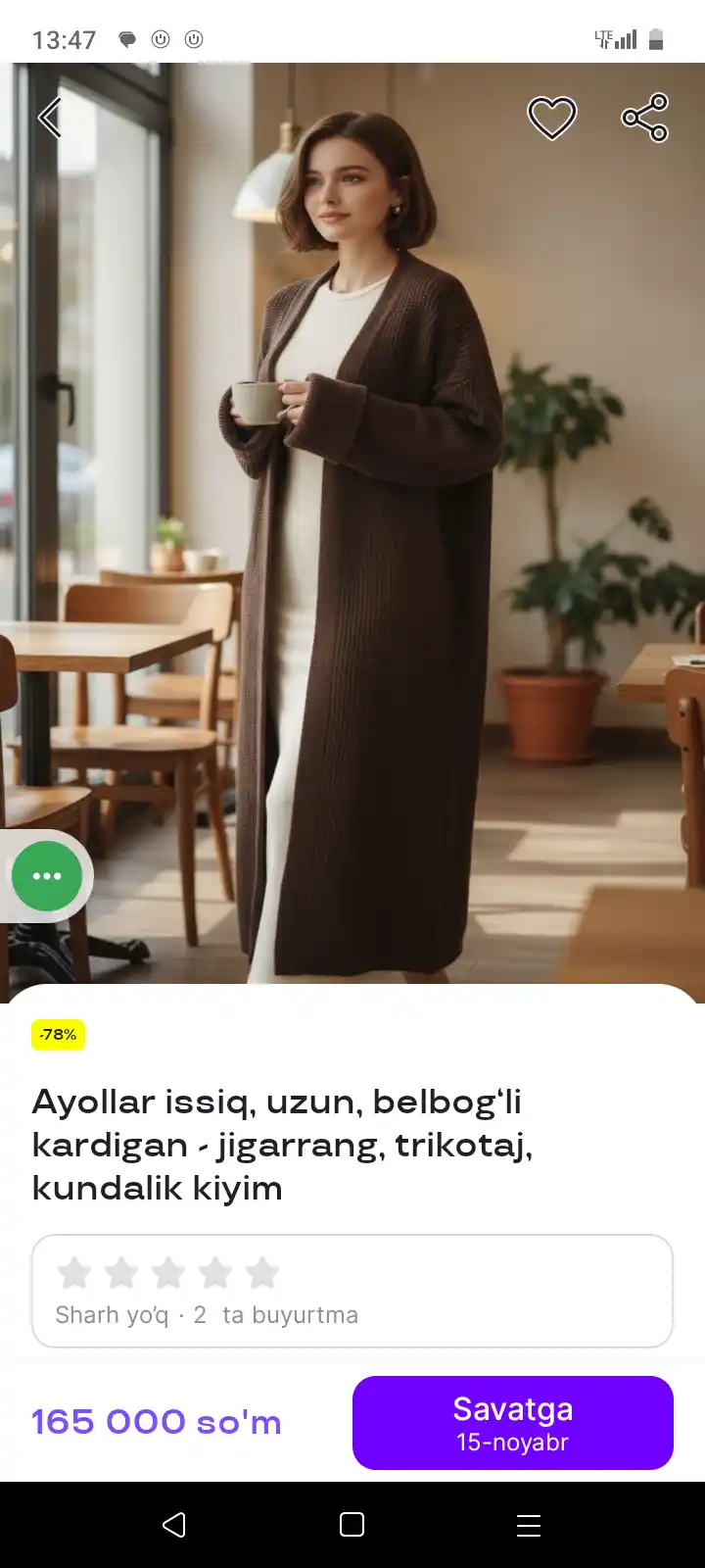 O‘rta qalinlikdagi ayollar sviteri, kuz, qish va bahor fasllariga mos keladi, o‘lchamlari 44, 46, 48