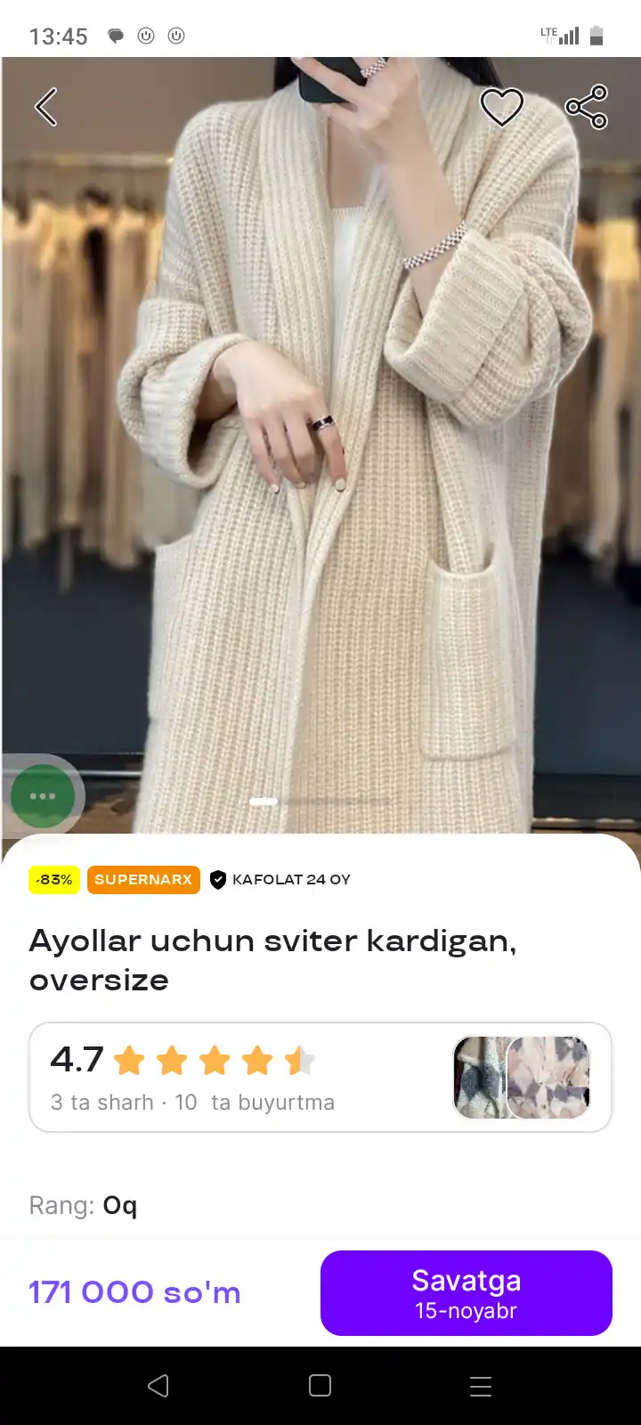 O‘rta qalinlikdagi ayollar sviteri, kuz, qish va bahor fasllariga mos keladi, o‘lchamlari 44, 46, 48