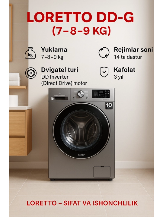 Avtomat kiryuvish mashinasi LORETTO LW-008DD-G, inverter, DD MATOR - 