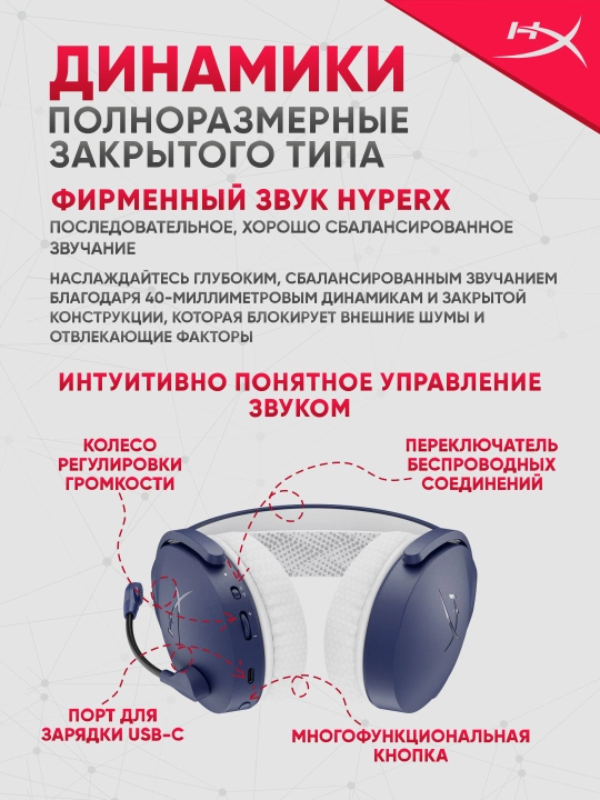 HyperX Cloud Jet WL simsiz o‘yin quloqchinlari, ishlash vaqti 25 soatgacha, Bluetooth 5.3