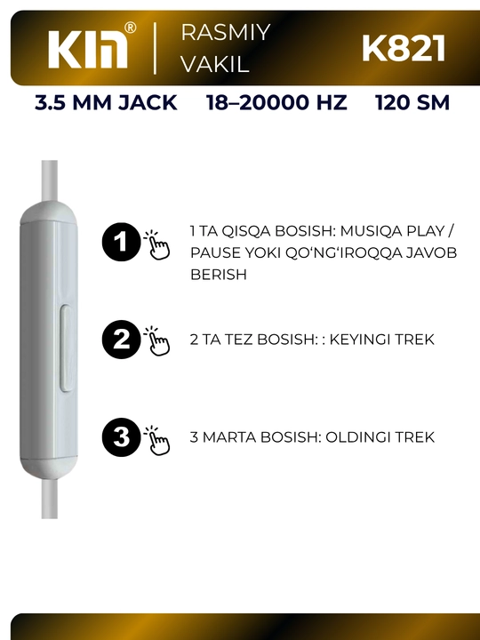 Simli quloqchin KIN K822 3.5mm 32 Ohm TPE kabel 120 sm naushnik stereo telefon