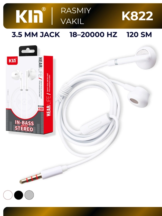 Simli quloqchin KIN K822 3.5mm 32 Ohm TPE kabel 120 sm naushnik stereo telefon