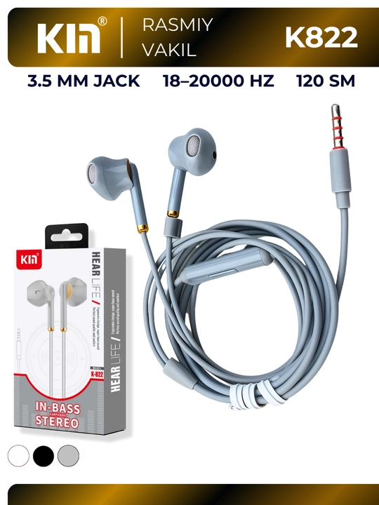 Simli quloqchin KIN K822 3.5mm 32 Ohm TPE kabel 120 sm naushnik stereo telefon