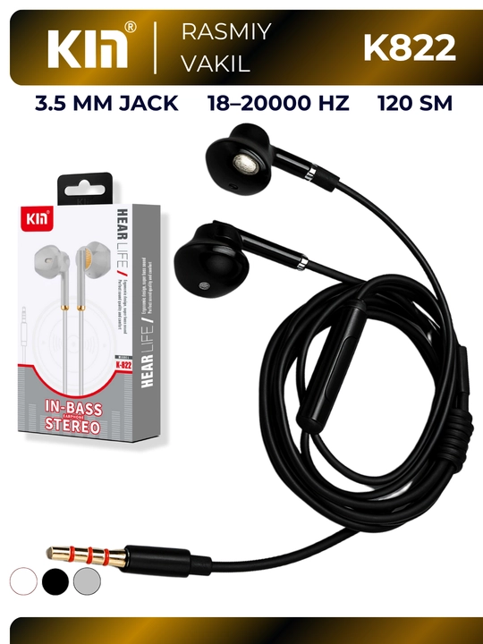 Simli quloqchin KIN K822 3.5mm 32 Ohm TPE kabel 120 sm naushnik stereo telefon