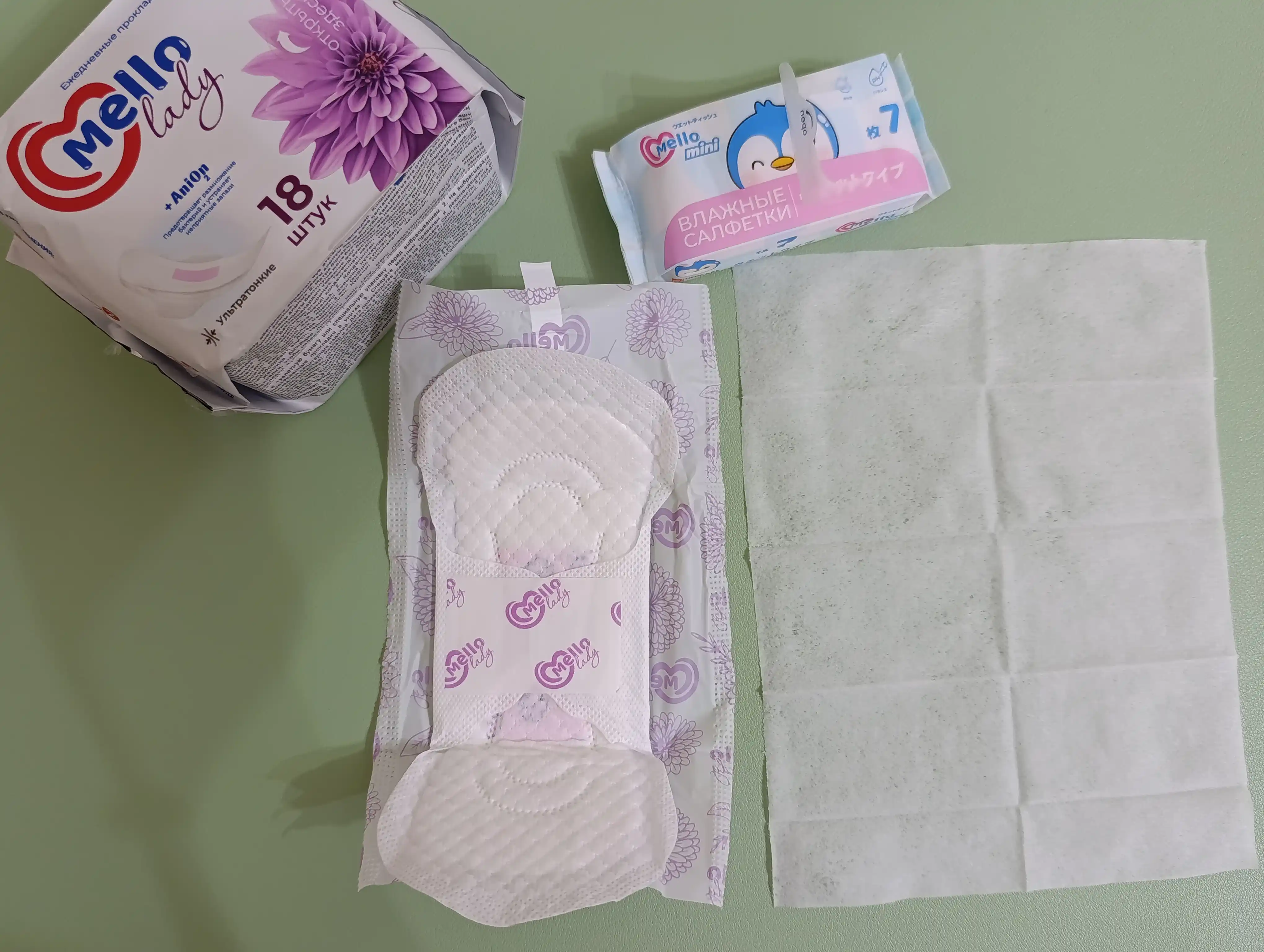 Mello lady 18 ayollar gigiyena qistirmalari. o‘lchami 180mm + Mello nam salfetkalari 1dona