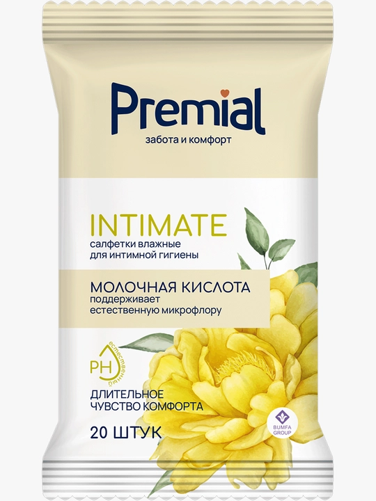 Premial sut kislotasi bilan samimiy gigiena uchun nam salfetkalar, ayollar, 20 dona - 