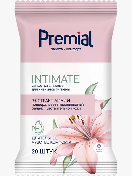 Lily ekstrakti bilan intim gigiena uchun nam salfetkalar PREMIAL, ayollar uchun, 20 dona - 