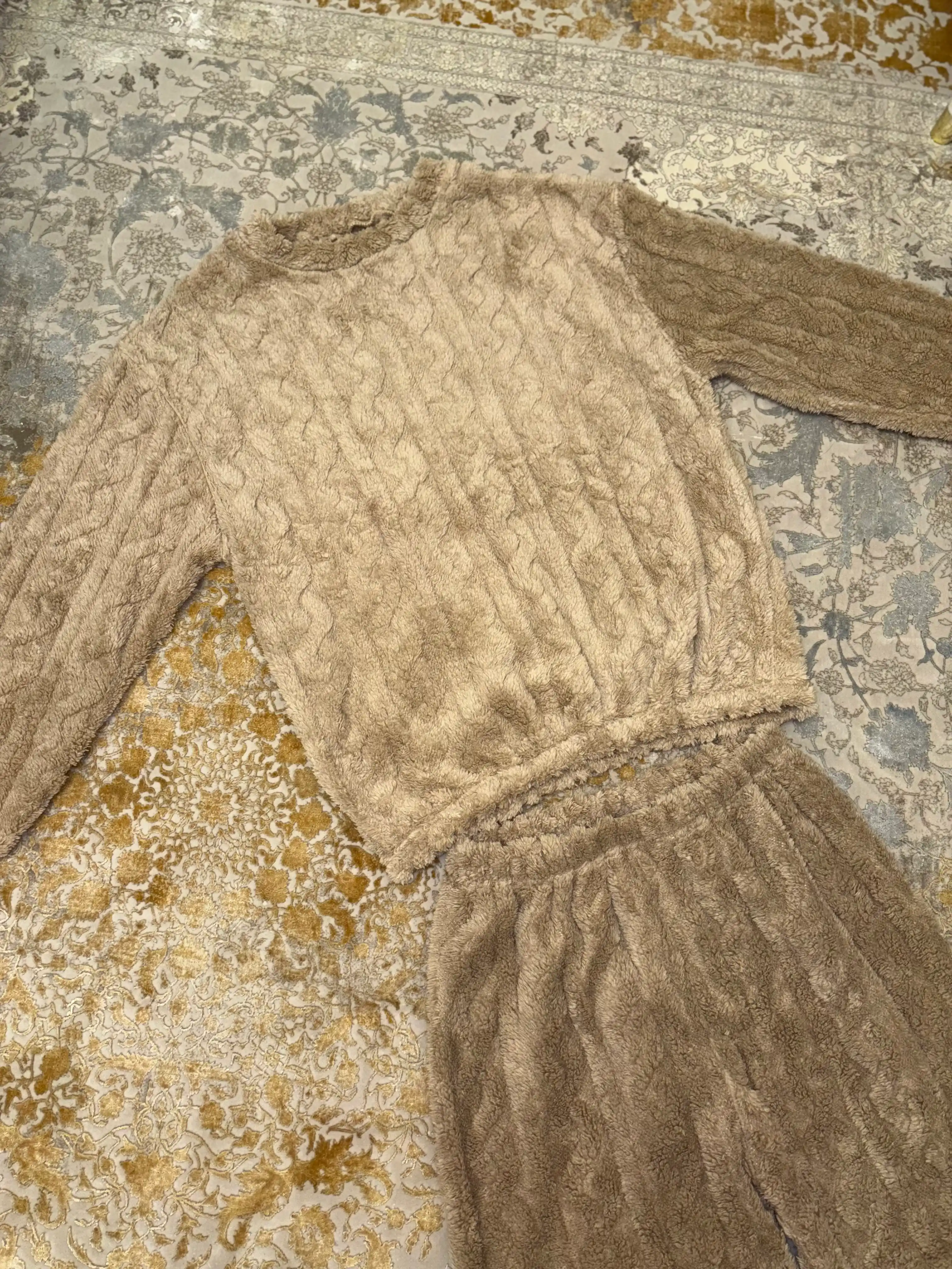 Ayollar va qizlar uchun issiq qishki flizli pijama dvoyka, komplekt shim, triko, kofta
