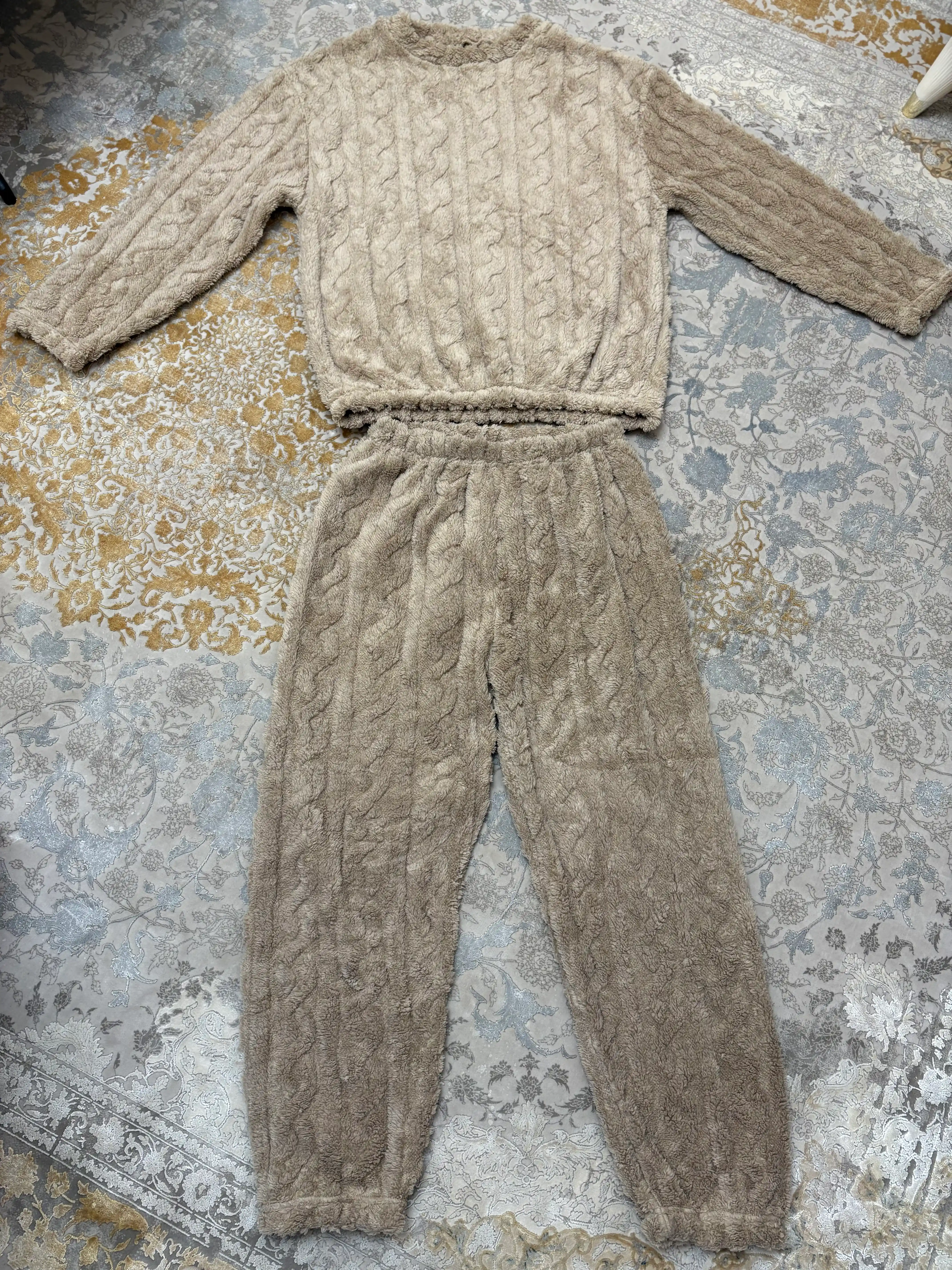 Ayollar va qizlar uchun issiq qishki flizli pijama dvoyka, komplekt shim, triko, kofta