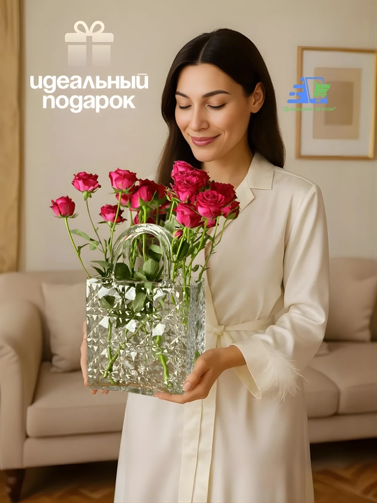 Ваза стеклянная в форме сумки, прозрачная, 30 см