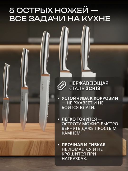 Ardesto Gemini 5 buyumli oshxona pichoq paketi, zanglamaydigan po‘lat, AR2106SS