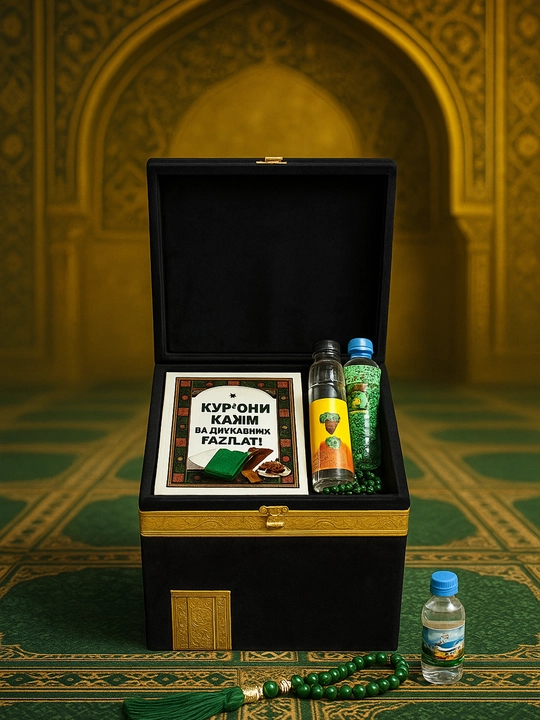 Diniy to'plam ibodat uchun Ka'ba korinishda: kitob, joynamoz, tasbeh - 