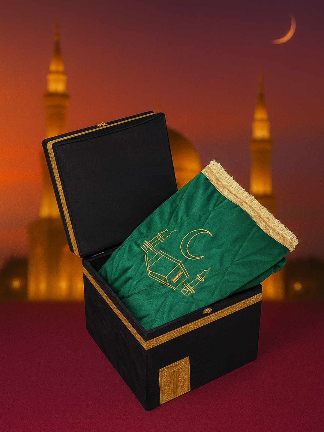 Diniy to'plam ibodat uchun Ka'ba korinishda: kitob, joynamoz, tasbeh
