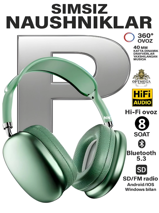 Simsiz Bluetooth quloqchin P9 | Mikrofonli | Bass | SD karta | AUX | Telefon va PC