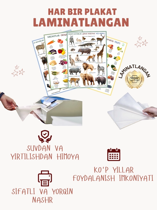 Bolalar uchun 10 ta rivojlantiruvchi plakatlar to‘plami, A3 formatda, 3 tilda