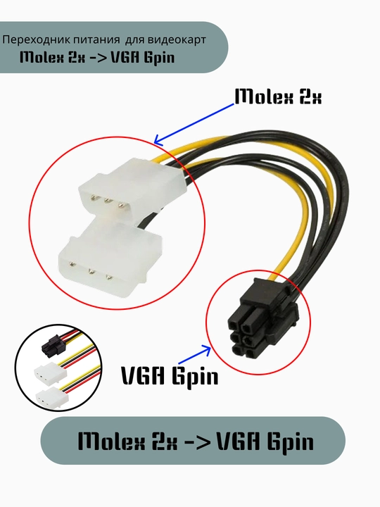 Переходник питания для видеокарт Molex 2x -> VGA 6pin - 