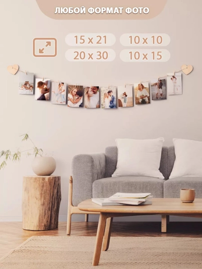 Moodboard LED chiroq bilan, foto panel qisqichli, yog‘och surat ushlagich yoritgich bilan