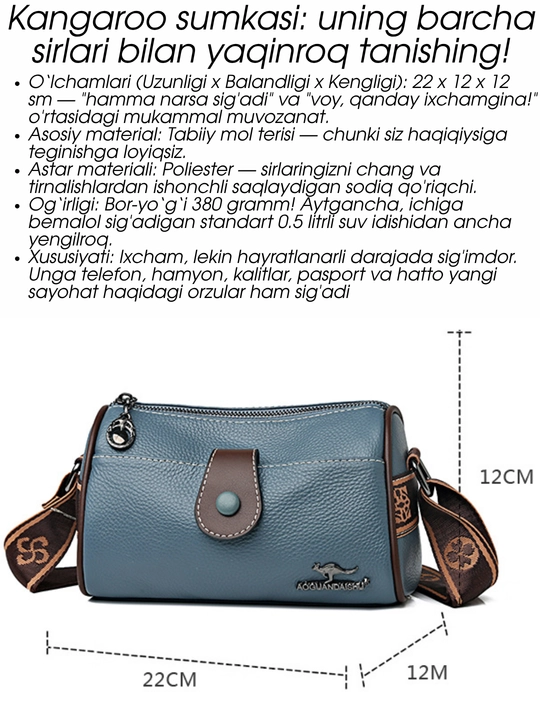Kangaroo ayollar sumkasi, kross-bodi, tabiiy charm, yelka sumkasi