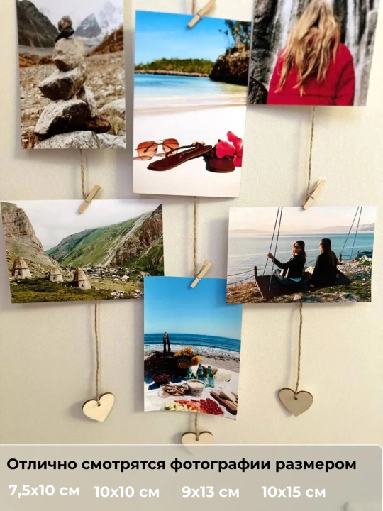 Moodboard LED chiroq bilan, foto panel qisqichli, yog‘och surat ushlagich yoritgich bilan