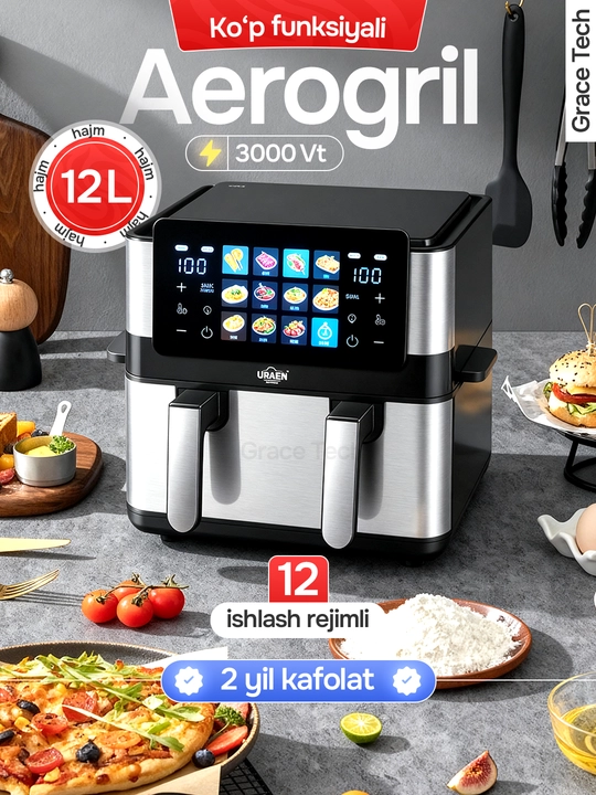 Elektr Uakeen aerogril, 10 ta 1 da, yog‘siz pishirish uchun qovurgich, 10 litr, 8 litr