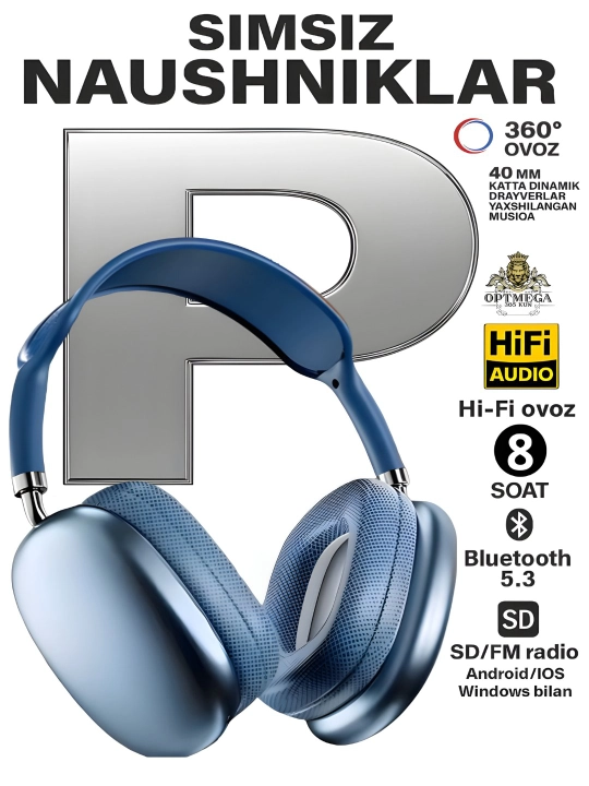 P9 simsiz Bluetooth naushniklari, mikrofon, bass, SD karta, AUX, telefon kompyuteri