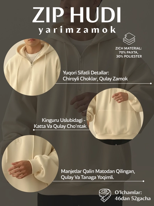 Xudi oversize, erkaklar uchun yarim zamok, kapyushonli tolstovka, paxta 70% poliester 30%